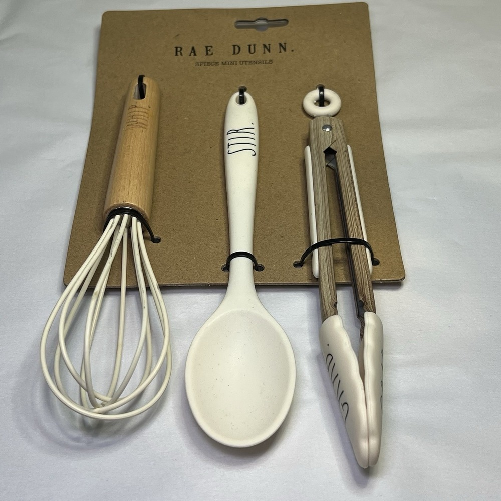 RAE DUNN‎ White Cream Silicone 3 Piece Mini Kitchen Gadget Set Stir Whip Grab